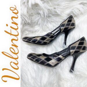VALENTINO Leather Black & Gray Argyle Print Round Toe Pumps, Size 37.5